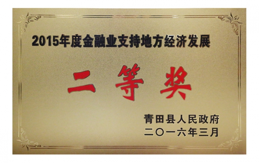 2015年度金融业支持地方经济生长二等奖